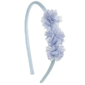 Diadema suave con 3 florecitas de bambula Azul cielo