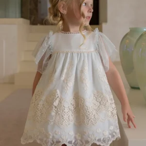 Vestido de Ceremonia Infantil Blanco con Tul Verde Agua y Bordados 0220