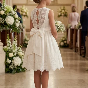 Vestido de Ceremonia para Niña Mayoral - Diseño Puntillas Crudo con Espalda de Encaje 03914