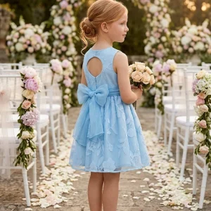 Vestido niña celeste de tul bordado con cinturón – Abel y Lula 05042